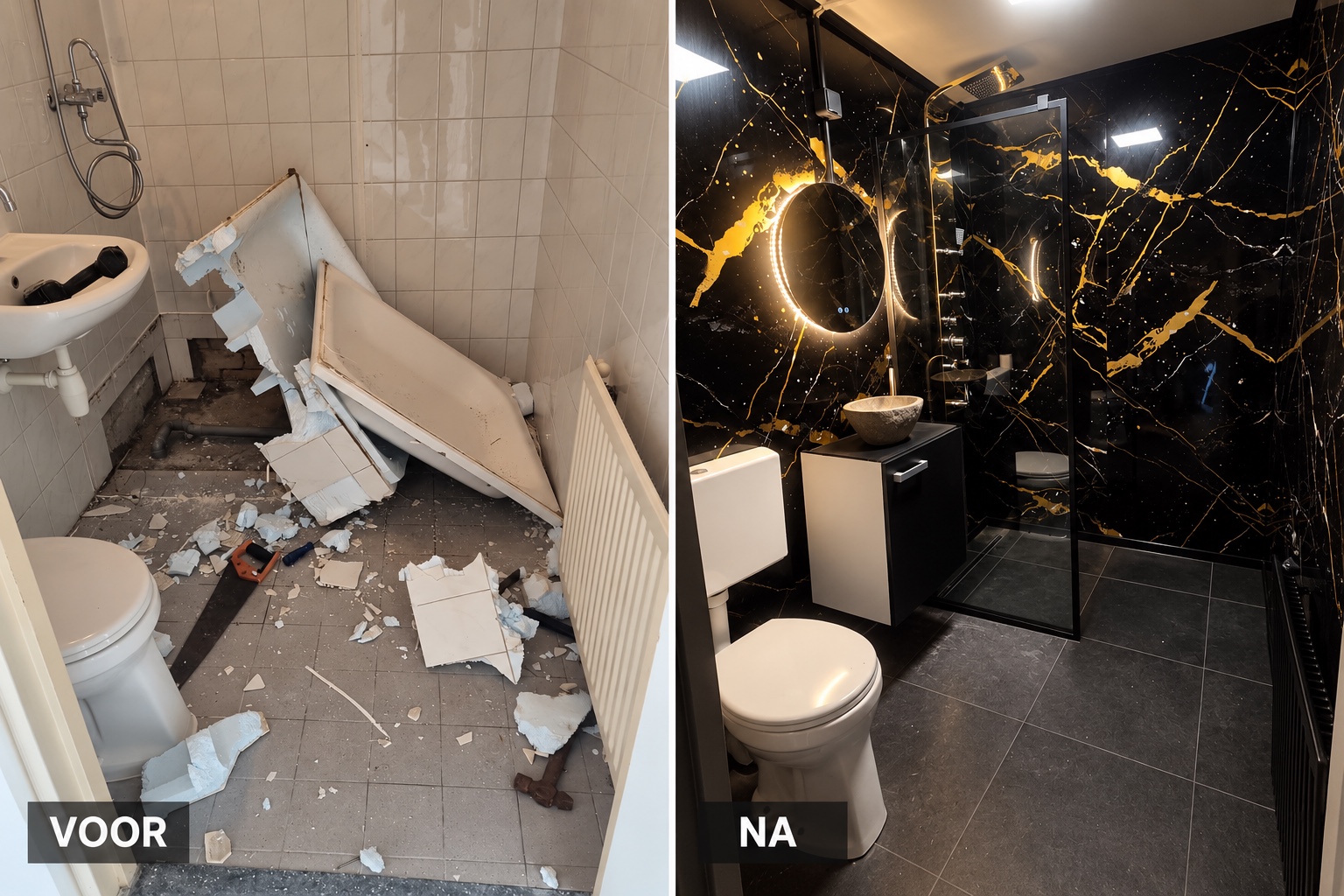 Voor en na van een badkamerrenovatie, van sloop tot luxe nieuwe afwerking