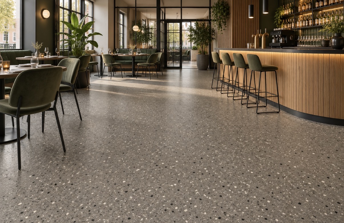 Epoxy-troffelvloer en mortelvloer in een horecagelegenheid