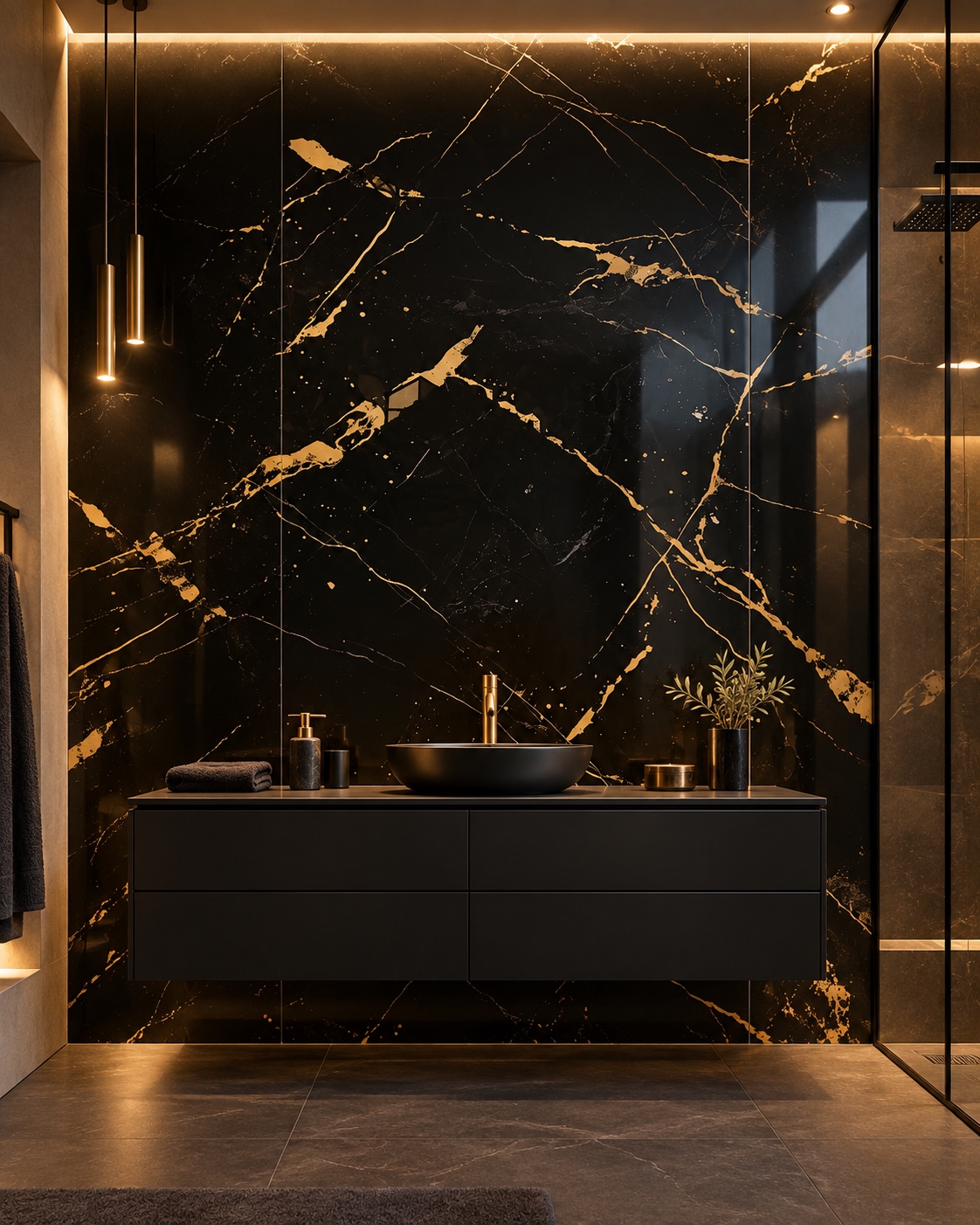 Zwart-gouden SPC-wandpanelen in een moderne badkamer